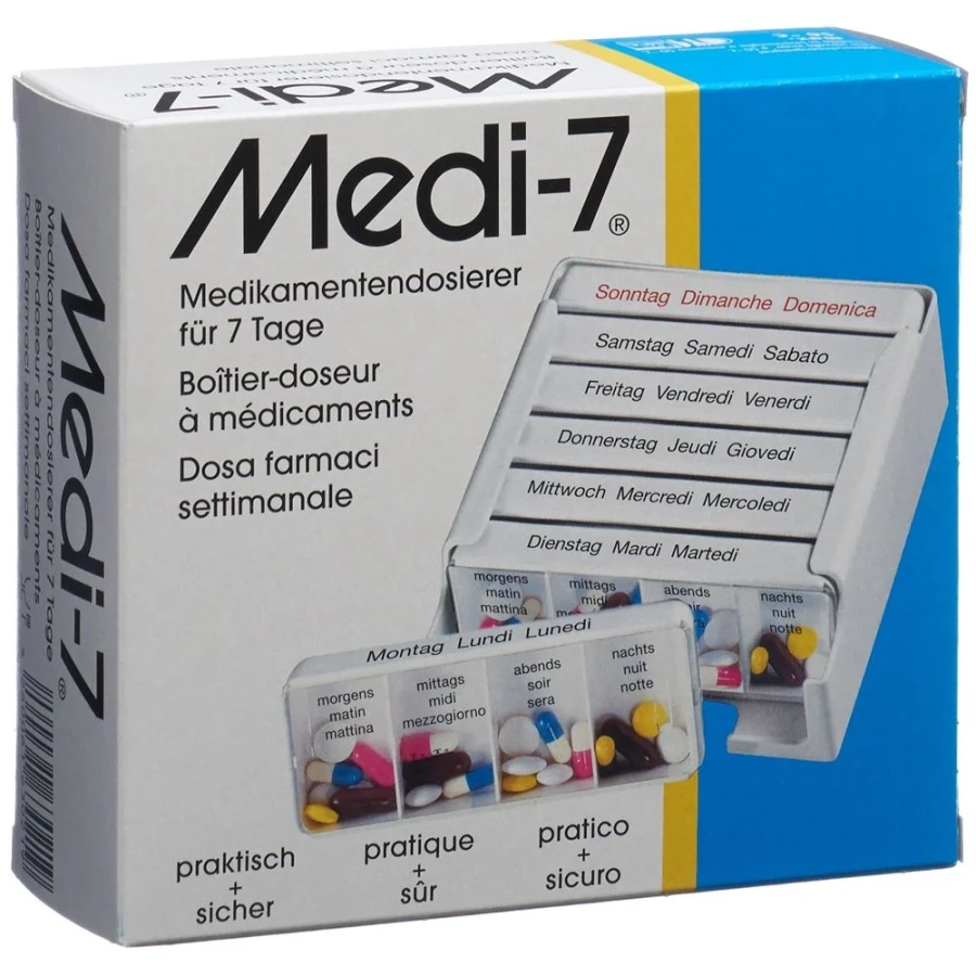 Hier sehen Sie den Artikel MEDI-7 Medikamentendosierer 7 Tage D/F/I weiss aus der Kategorie Medikamentenverteilsysteme / Pillendosen. Dieser Artikel ist erhältlich bei apothekedrogerie.ch