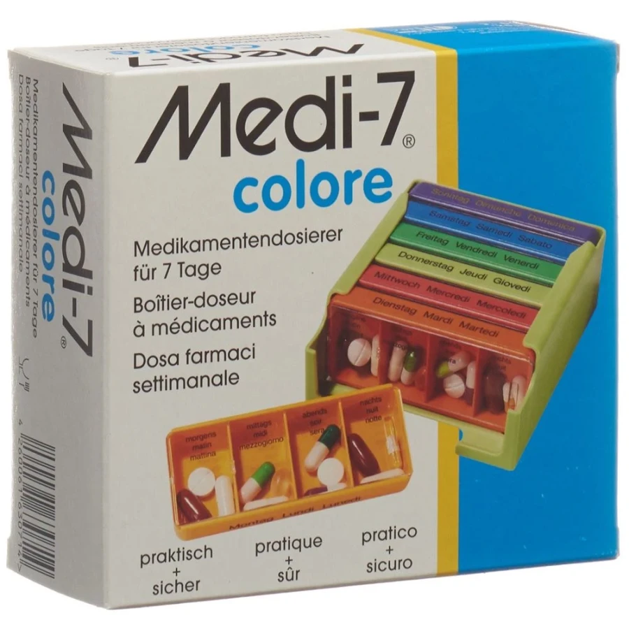 Hier sehen Sie den Artikel MEDI-7 Medikamentendosierer 7 Tage D/F/I colore aus der Kategorie Medikamentenverteilsysteme / Pillendosen. Dieser Artikel ist erhältlich bei apothekedrogerie.ch